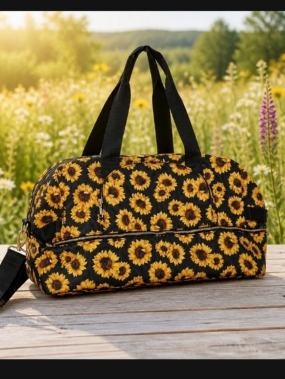 Sunflower Print Black Weekender Duffel Bag